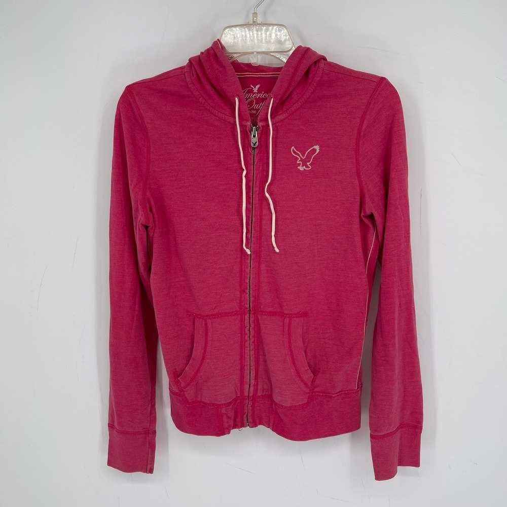 American Eagle Women's Y2K Pink Logo Full Zip Lounge Hoodie Sweatshirt Size M